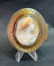 19c. French Gild Silver Shell Cameo Greco Roman Orpheus Guilloche Oval Snuff Box