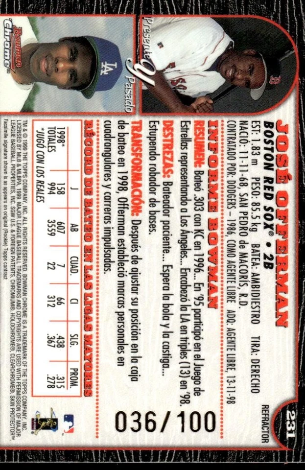 1999 BOWMAN CHROME JOSE OFFERMAN 231 INTERNATIONAL REFRACTORS 36/100 RED SOX - Image 2 of 2