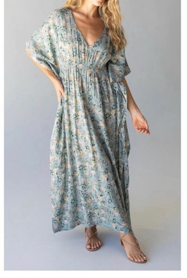 Natural Life Sanibel Kaftan Maxi Dress Cinch Waist Light Green Floral Small NWT