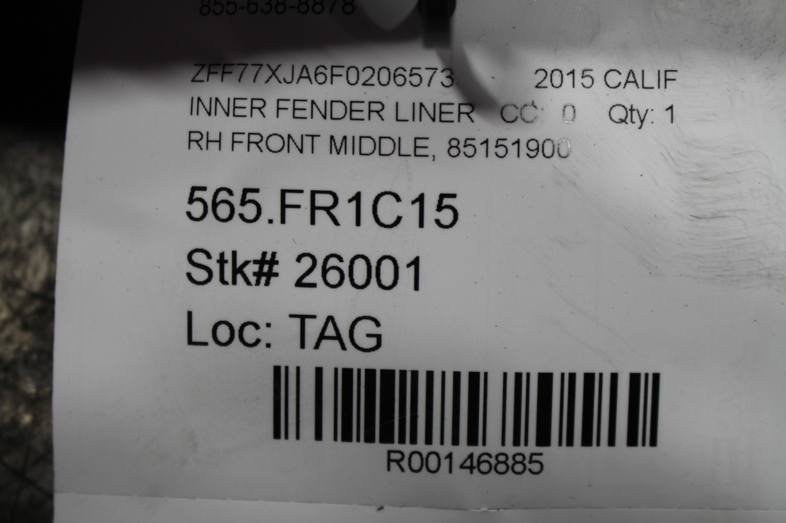 Ferrari California T, RH, Front Middle Fender Liner, Dmg, Used, P/N 85151900