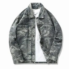 Luxury Men Denim Jacket Washed Casual Trendy Retro Blue Camouflage Jean Coat