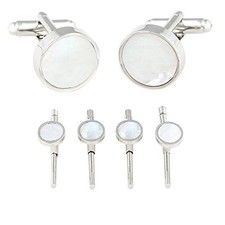 Mens Mother of Pearl Silver Spring Back Cufflinks and Studs Formal Set with P...