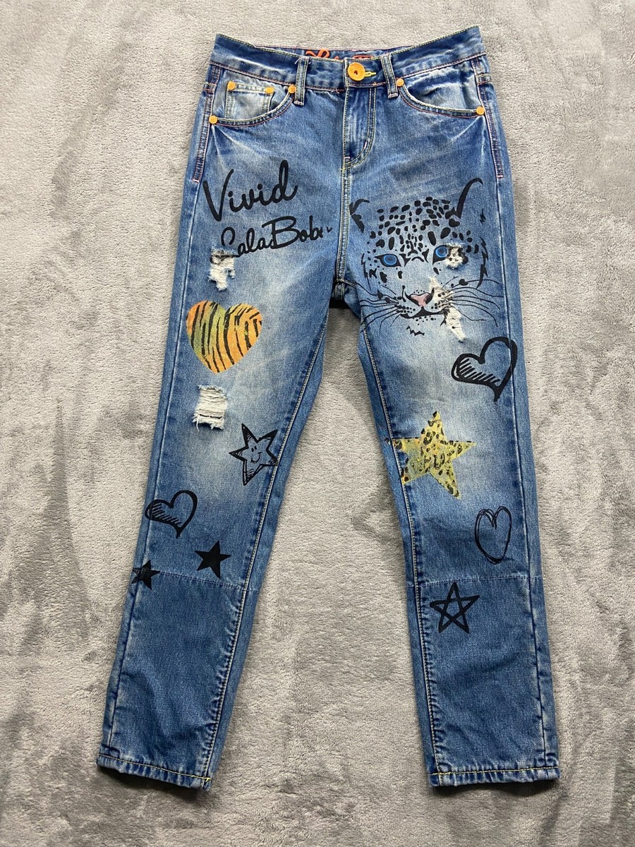 Lalabobo Jeans Women's 25 Blue Denim Vivid White Leopard Graffiti Streetwear