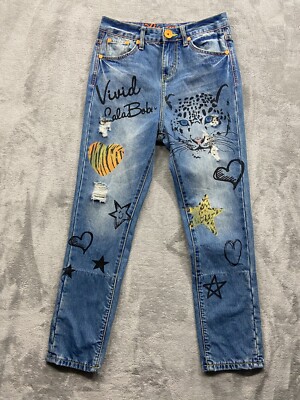 Lalabobo Jeans Women's 25 Blue Denim Vivid White Leopard