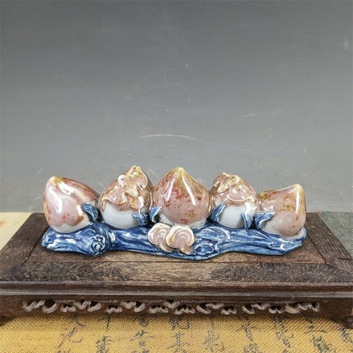 8.9" Collet Chinese Blue-and-white Porcelain Red Glaze Longevity Peach Pen Rack - Bild 2 von 7