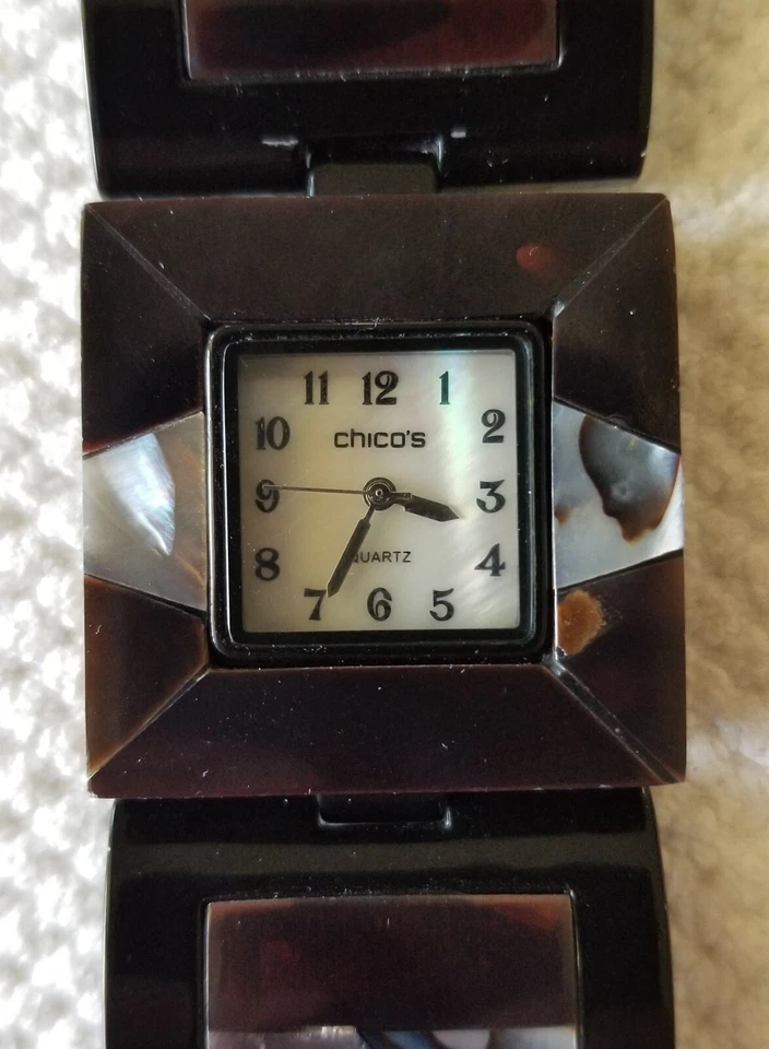 Reloj pulsera Chico's negro con inserciones de abulón esfera mop tamaño 6,25" batería nueva Foto 2 de 4