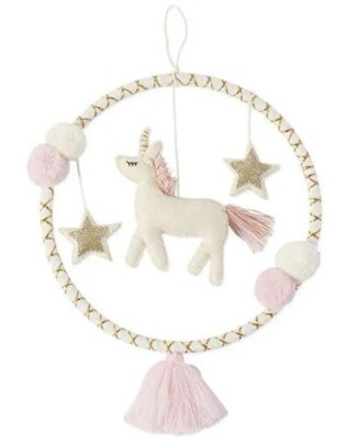 Mud Pie   10'' UNICORN WALL HOOP    100% Wool    Pink-White-Gold    Made in India