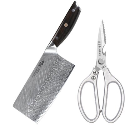 7 Zoll Hackmesser Japanischer VG10 Damaststahl Küchenmesser mit Küchenschere Set