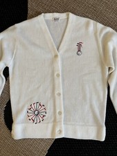 Vintage White 60s 70s Mod Embroidered Haymaker Golf Sweater Cardigan Button-Up
