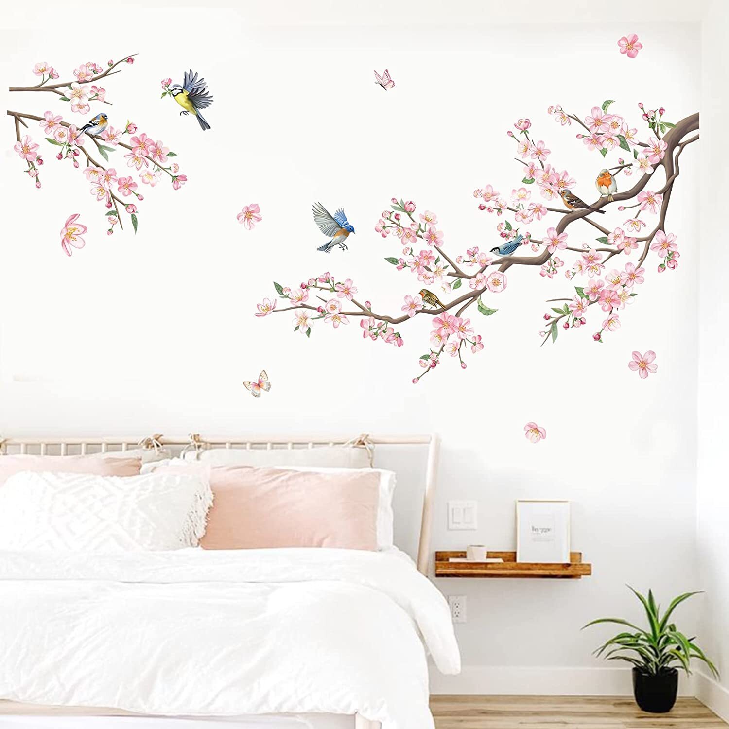 decalmile Flower Branch Wall Stickers Pink Blossom Floral Birds Wall