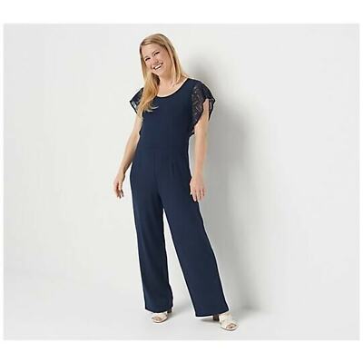 H BY HALSTON NEW $67 Jet Set Jersey Wide-Leg Jumpsuit w/ Lace Sleeves Navy 2XP
