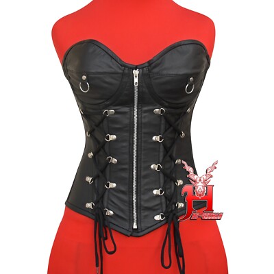 Vollbrust Korsett Schwarz Leder Gothic Damen | Overbust Leather Zip Corset