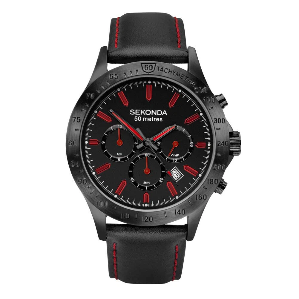 Sekonda gents watch black leather strap multi dial clearance