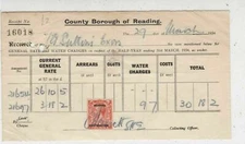 County Borough of Reading 1934 General Rate Water Charge Stamp Receipt Ref 33089