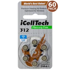 iCellTech Size 312 Zinc Air 1.45V Hearing Aid Batteries (60 Count)