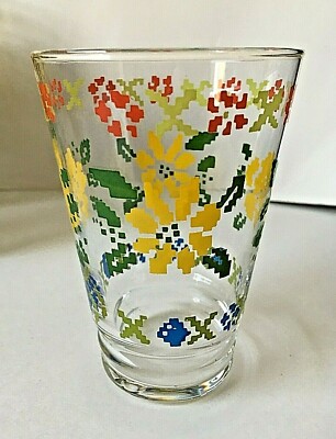 Vintage LIBBEY Set of 12 Juice Milk Glasses Flowers Cross Stitch Yellow Red Blue