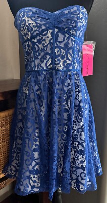 New Betsey Johnson Royal Blue White Lace Mesh Strapless Skater Dress Size 6  | eBay