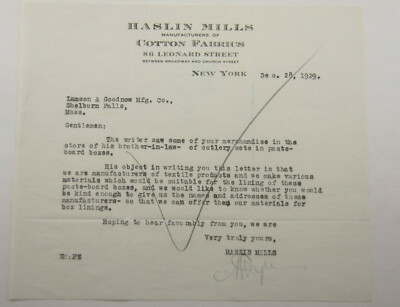 1929 Lamson Goodnow Haslin Mills Cotton Fabrics NYC Signed Ephemera L956K