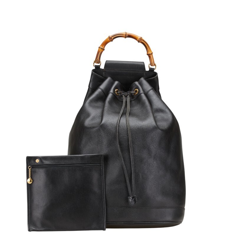 Gucci Bamboo Shoulder Bag Leather Black Women Used Authentic