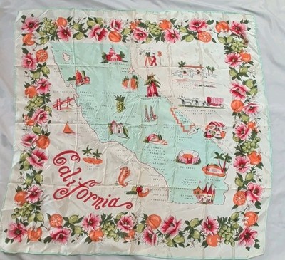 Vintage California Map Souvenir Scarf Floral Border Rayon RN 17734 Made in Japan