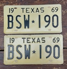 Texas License Plate 1969 Pair #BSW-190 New Old Stock