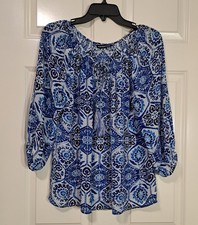 KAS NEW YORK Silk Blue & White Tile Print Peasant Blouse Top M