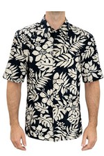 Camicia Hawaii Moda Grande Fiori Di Ibisco Foglie Verdi Nere E Marroni