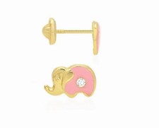 14K Yellow Gold Pink Enamel Elephant Screwback Stud Earrings