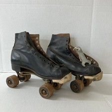 Vintage Black Leather Roller Skates Chicago Skate Co. Wood Wheels Size 7