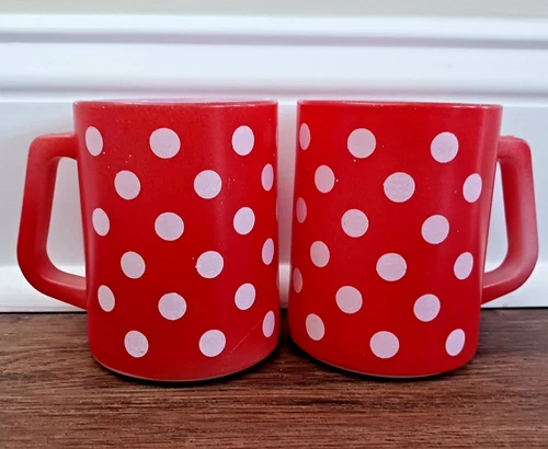 2 Vintage Coffee Mugs Federal Glass Red Polka Dot MCM Kitsch 1960s READ