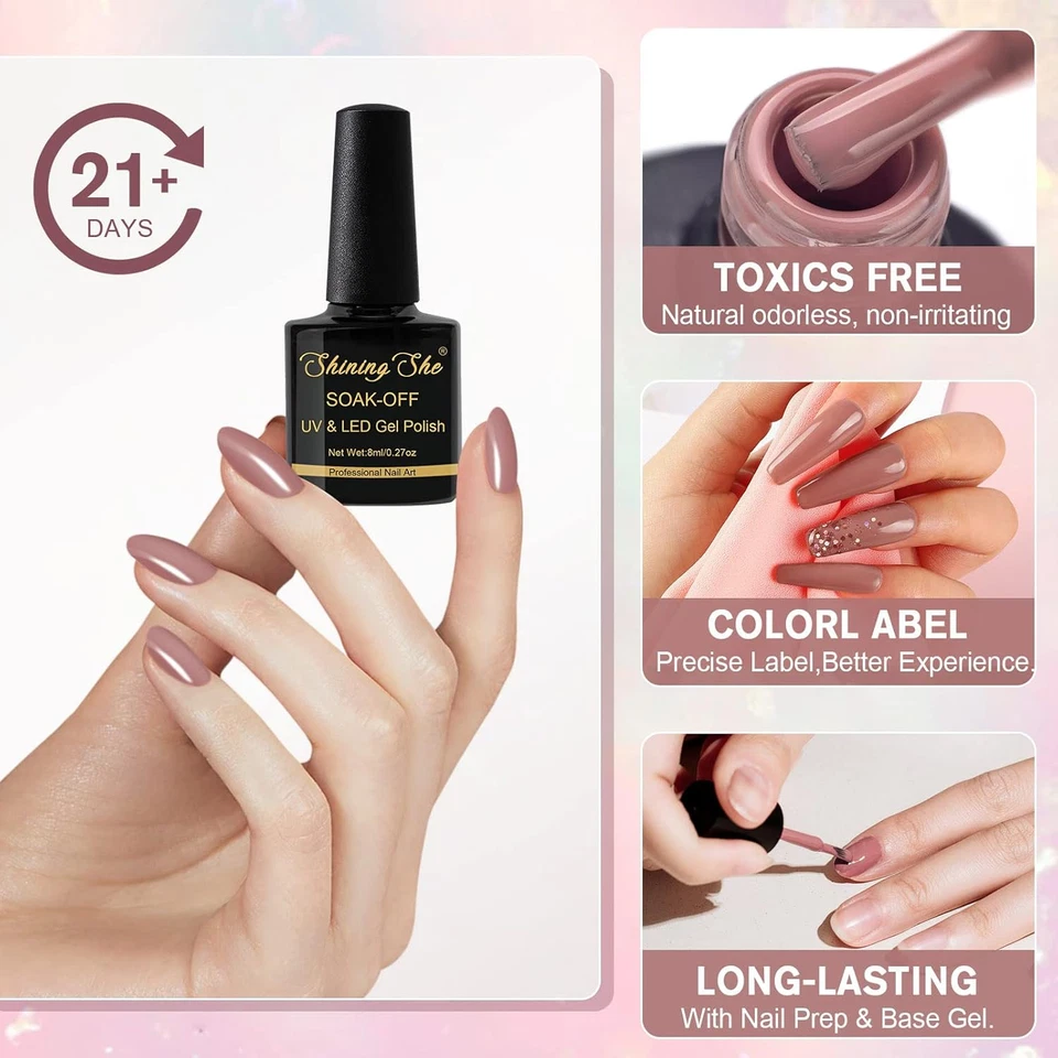 Smalti Semipermanenti Unghie Nude,6 Colori Rosa Nude Beige Marrone Rosso, Soak-O - Immagine 3 di 4