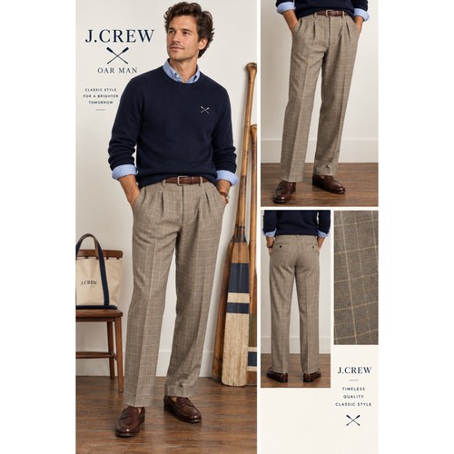 J.Crew, Vintage 90s J.Crew Oar Man Mens Glen Plaid Wool Pleated Trousers Cuffed 32×29