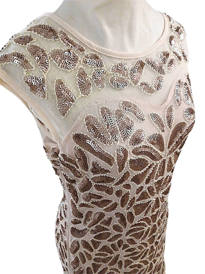 Vestido Formal Estilo Gatsby Años 20 Alta Costura Lentejuelas L Melocotón Largo Baile de graduación Vacaciones Foto 3 de 4