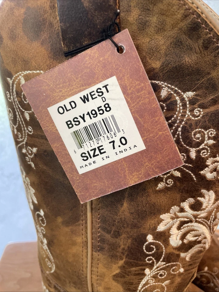 Botas de Vaquero Old West Juveniles Unisex Punta Cuadrada Ancha Cuero Tostado Quemado Talla 7 Foto 2 de 4