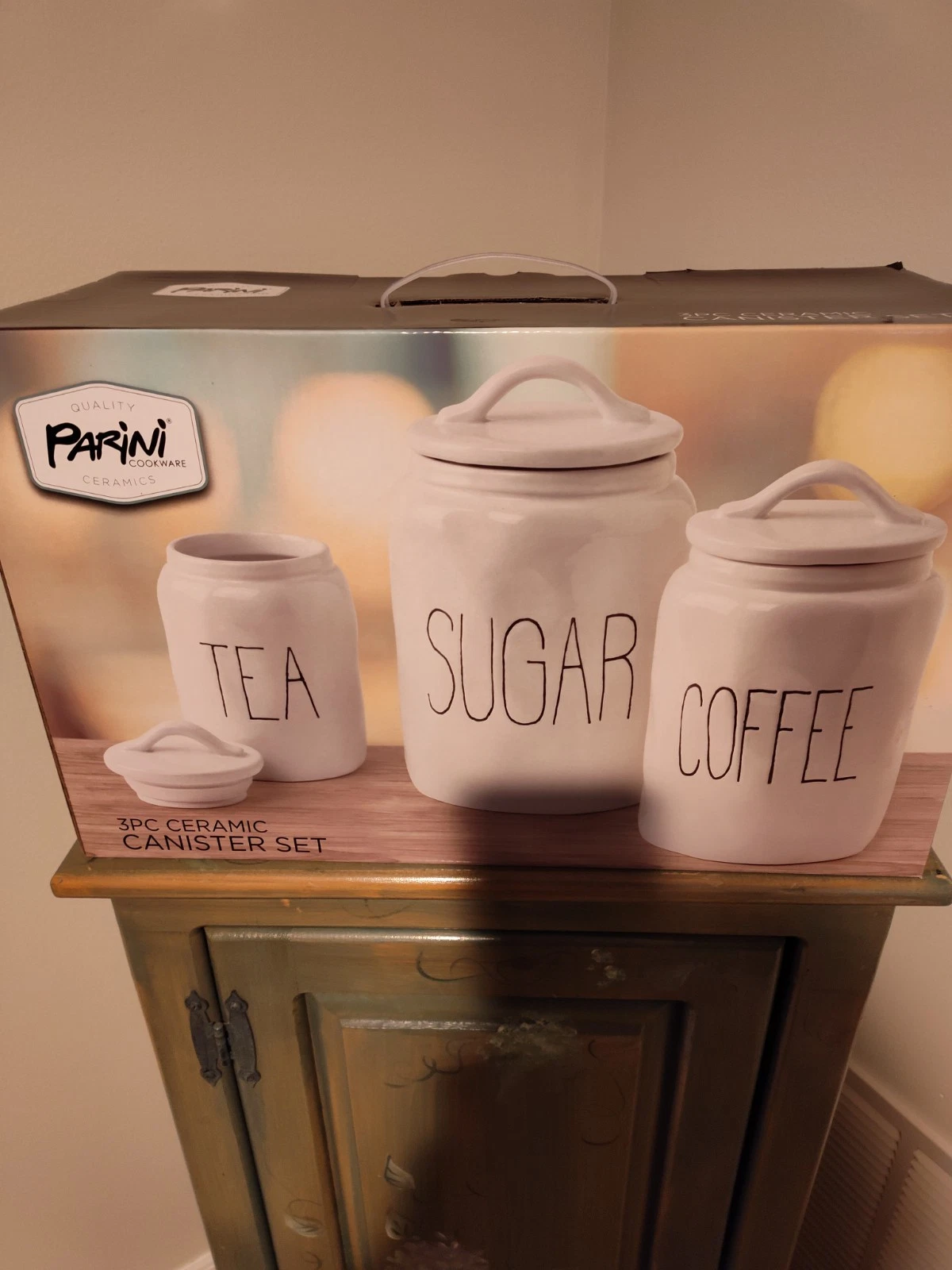 Parini 3 pc Ceramic Kitchen Canister Set Sugar Coffee Tea White