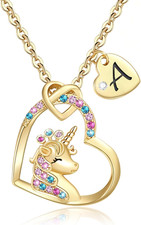 Unicorn Gifts for Girls, Colorful CZ Heart Unicorn Necklaces Initial Necklace Bi