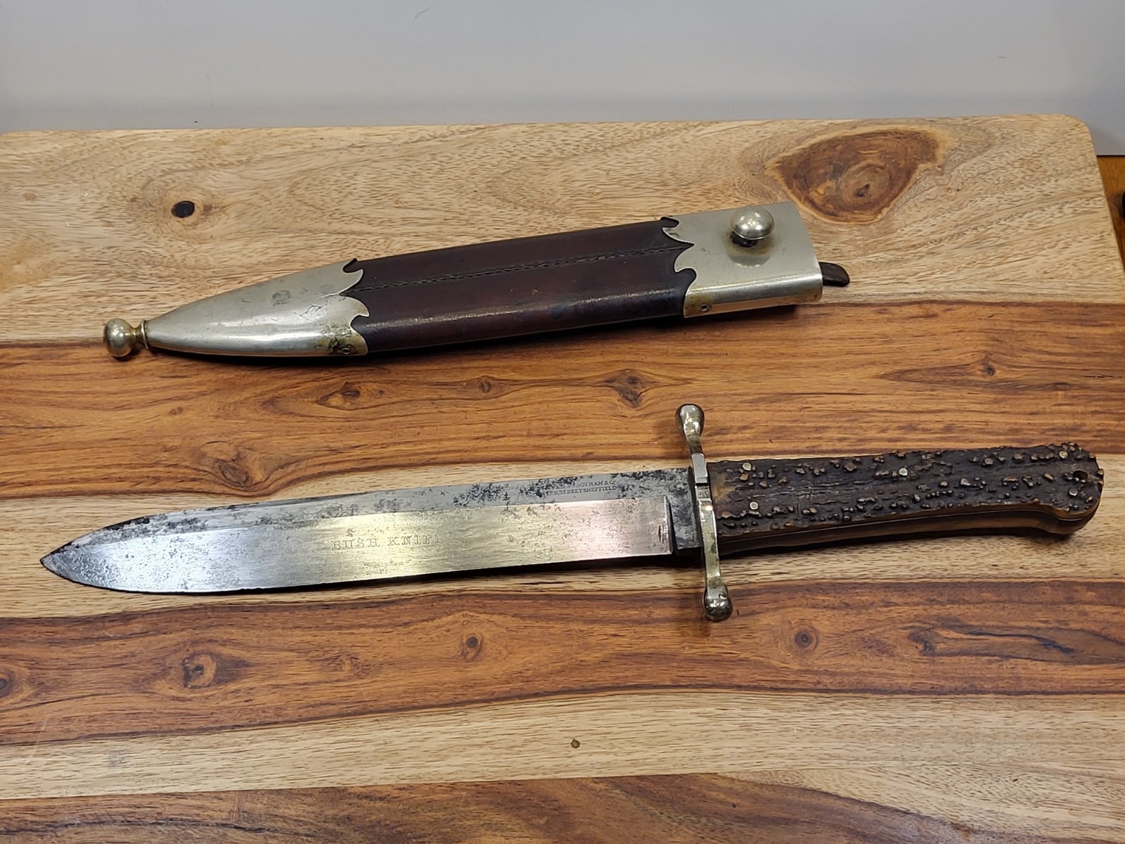 1850-90 WADE, WINGFIELD & ROWBOTHAM/SHEFFIELD STAG "BUSH/BOWIE KNIFE W/SCABBARD