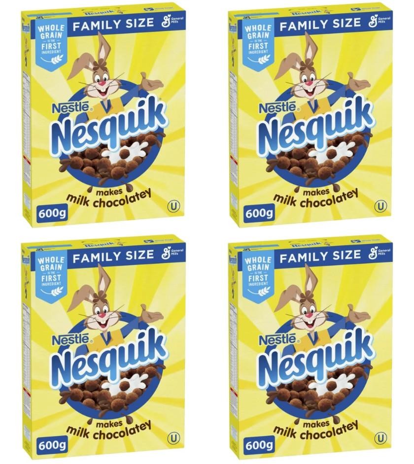 Cereal de desayuno con chocolate Nesquik, tamaño familiar, granos integrales, 600 g (paquete de 4)