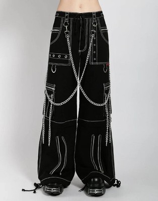 Men's Gothic Threads Reflective Pant Black Punk Buckle Zips Chain Strap trousers