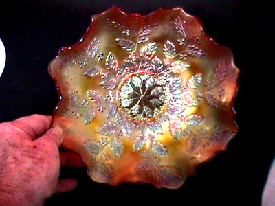 ''HOLLY'' 9'' BOWL 8 RUFFLE MARIGOLD CARNIVAL GLASS BY: FENTON