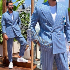 Blue Pinstriped Men's Suit Peak Lapel Formal Wedding Groom Double Breasted 2pcs