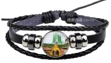 Wizard of Oz Yellow Brick Road Glass Domed Braided Leather Bracelet