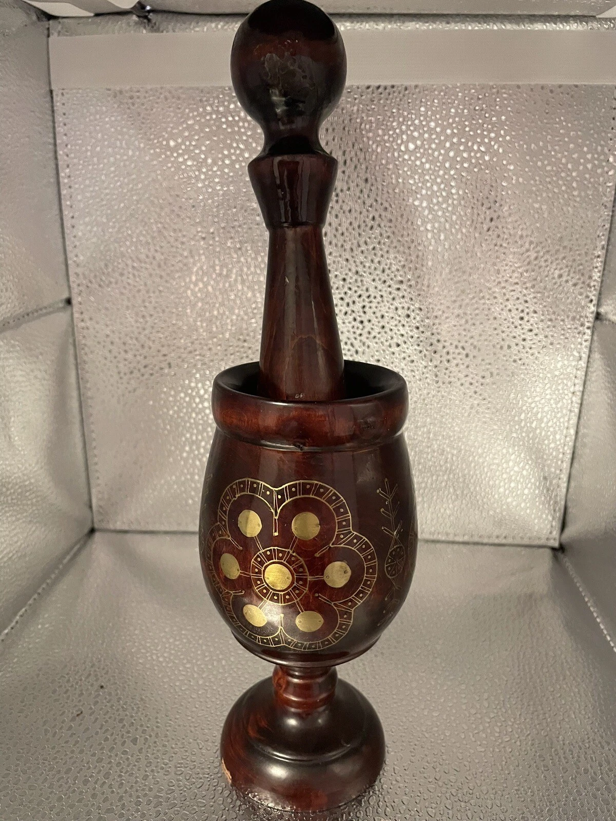 Vintage Mortal And Pestle Unique Olive Wood Varnished With Gold Inlaid
