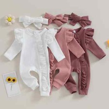 Baby Girl Jumpsuit Solid Color Round Neck Flying Sleeve Zipper Headband 0-12M