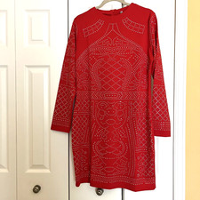 Measeo~Stunning~Red Silver Tone Studded Scuba Stretch Knee Length Dress Size XL