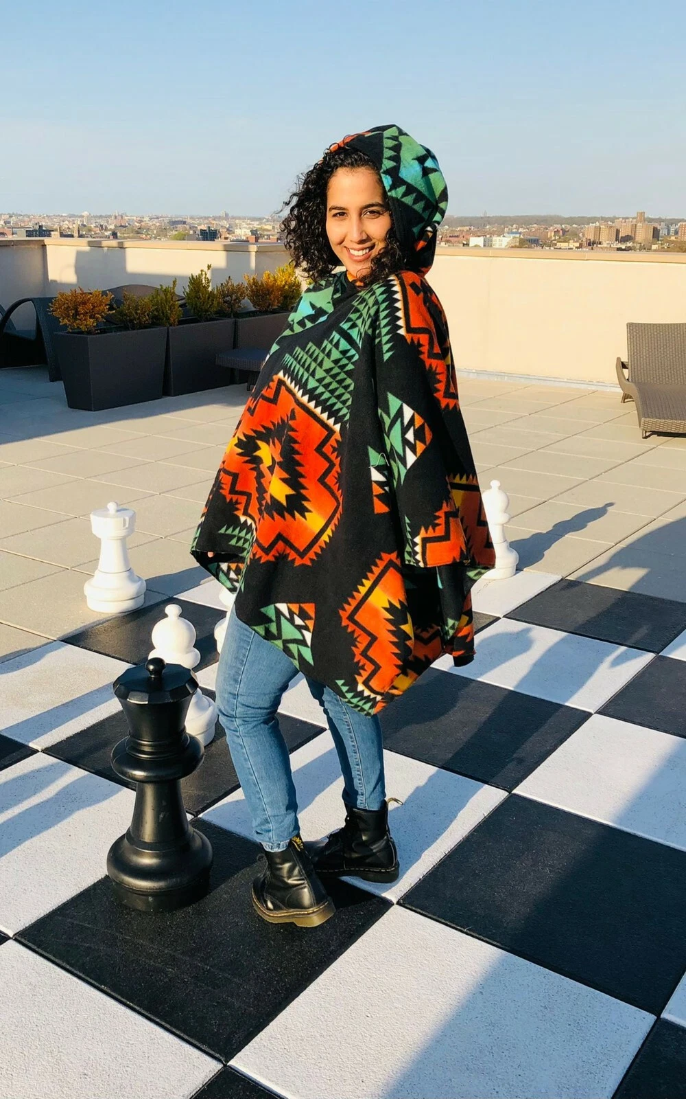 ZooFleece Black Southwestern Tribal Aztec Indian Hooded Women’s Poncho Cape