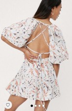 Nasty Gal Petite Floral Print Puff Sleeve Mini Dress in Cream UK 12 RP £40. BNWT