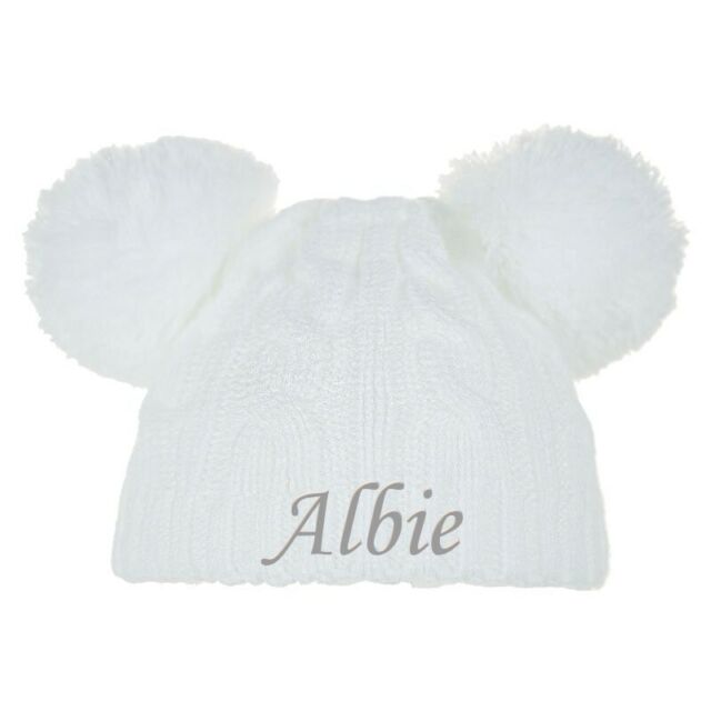 PERSONALISED BABY POM POM HAT KNITTED WINTER WHITE PINK BLUE GREY GIFT NEWBORN-6 IV11356