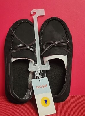 Cat & Jack Boys Lionel Moccasin Faux Suede House Slipper, Black, Size 4