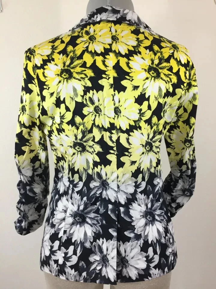 Blazer New Directions talla S pequeño forrado amarillo negro floral fruncido manga 3/4 Foto 3 de 4